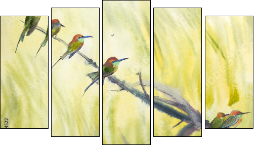 six small birds - Fünfteiliges Leinwandbild, Pentaptychon