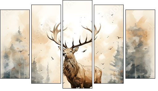 Masterful Brushstrokes: Juxtaposed Elk Painting in Minimalist Nature Study - Fünfteiliges Leinwandbild, Pentaptychon
