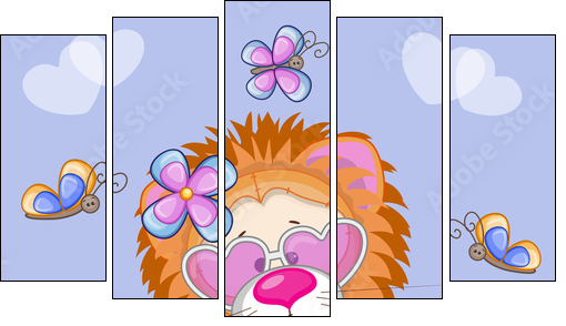 Lion with flowers - Fünfteiliges Leinwandbild, Pentaptychon