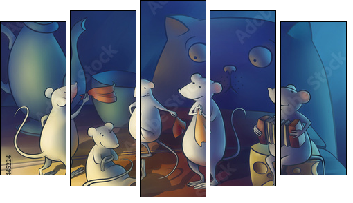 Cat gone from home, mice start dancing - Fünfteiliges Leinwandbild, Pentaptychon