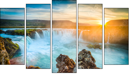 Iceland, Godafoss at sunset, beautiful waterfall, long exposure - Fünfteiliges Leinwandbild, Pentaptychon