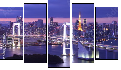 view of Tokyo Bay , Rainbow bridge and Tokyo Tower landmark - Fünfteiliges Leinwandbild, Pentaptychon