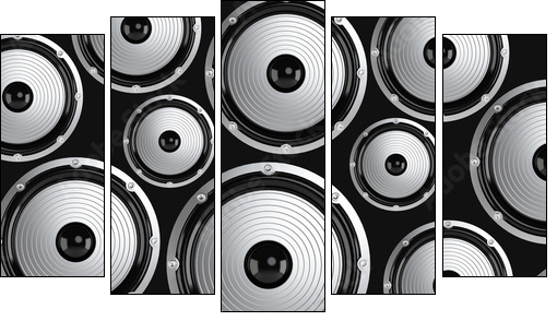 Many elegant white and black loudspeakers - Fünfteiliges Leinwandbild, Pentaptychon
