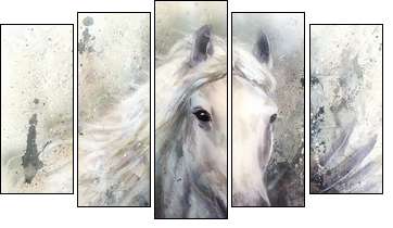white horse with a flying eagle beautiful painting illustration - Fünfteiliges Leinwandbild, Pentaptychon