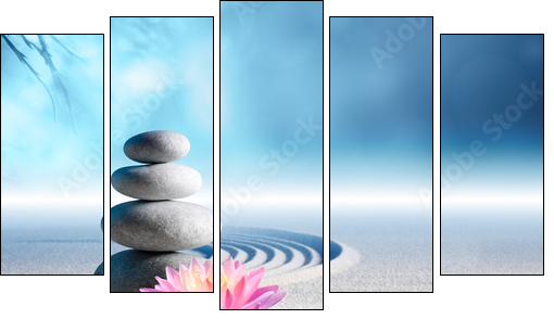 sand, lily and spa stones in zen garden - Fünfteiliges Leinwandbild, Pentaptychon