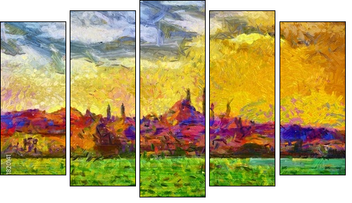 Istanbul shore view cityscape impressionist style painting - Fünfteiliges Leinwandbild, Pentaptychon