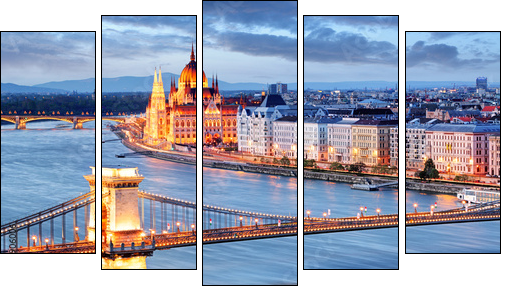 Budapest with chain bridge and parliament, Hungary - Fünfteiliges Leinwandbild, Pentaptychon