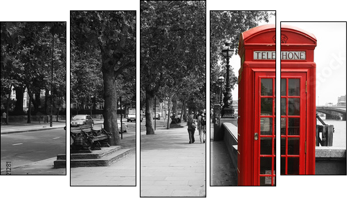 London Telephone Booth - Fünfteiliges Leinwandbild, Pentaptychon