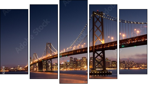 Dusk over San Francisco-Oakland Bay Bridge and San Francisco Skyline. Yerba Buena Island, San Francisco, California, USA. - Fünfteiliges Leinwandbild, Pentaptychon