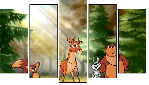 Forest animals are on the field - Fünfteiliges Leinwandbild, Pentaptychon