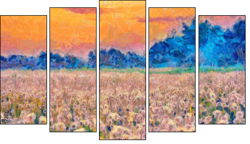 Summer meadow blow balls landscape painting - Fünfteiliges Leinwandbild, Pentaptychon