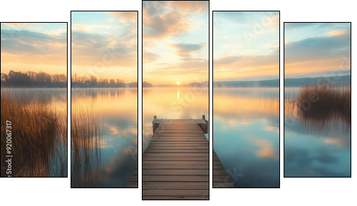 Serene lakeside landscape with a wooden dock, calm waters, and a pastel-colored sky, ideal for peaceful retreat themes - Fünfteiliges Leinwandbild, Pentaptychon