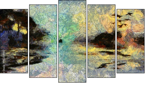 Vivid Swirling Painting of Islands Sunset or Sunrise - Fünfteiliges Leinwandbild, Pentaptychon