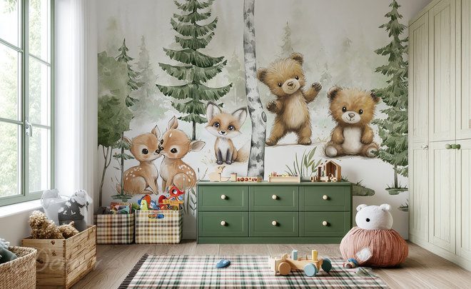 Waldfreunde-in-marchenhafter-szenerie-fur-kinder-fototapeten-demur