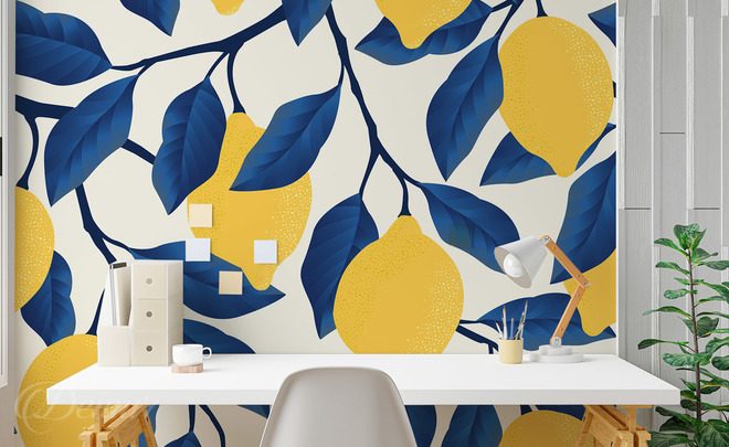 Zitronenmuster-mit-dunkelblauen-blattern-fur-kuche-fototapeten-demur