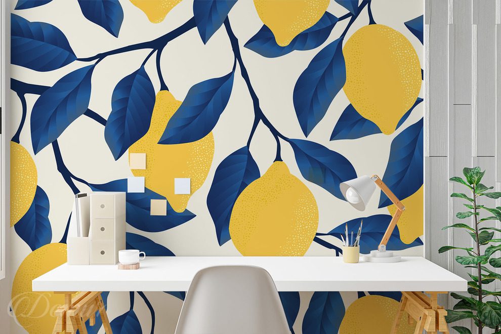 Zitronenmuster-mit-dunkelblauen-blattern-fur-kuche-fototapeten-demur