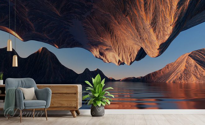 Eine-surrealistische-berglandschaft-am-wasser-gebirge-fototapeten-demur