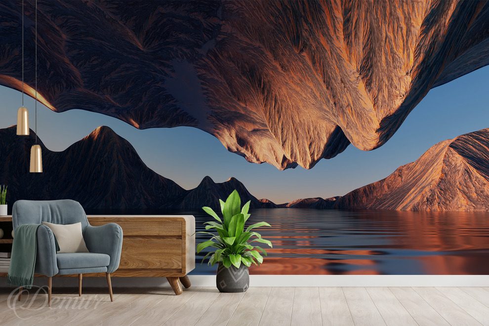 Eine-surrealistische-berglandschaft-am-wasser-gebirge-fototapeten-demur