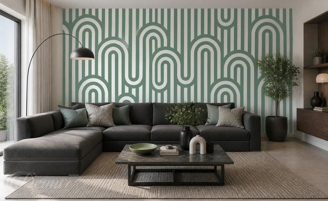 Kontrast-zwischen-grunen-linien-und-weissem-hintergrund-fur-salon-fototapeten-demur