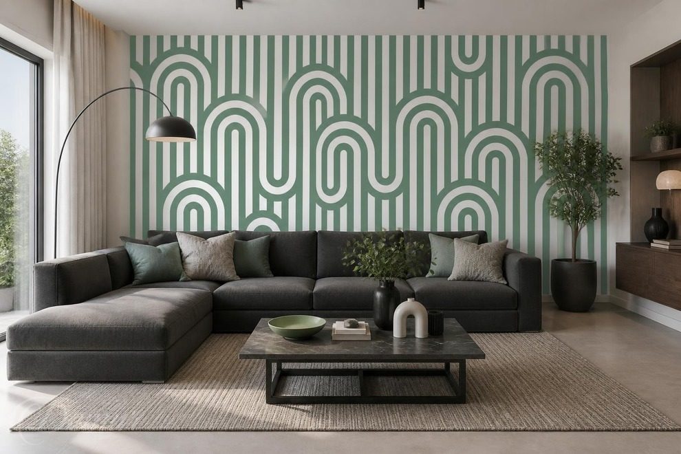 Kontrast-zwischen-grunen-linien-und-weissem-hintergrund-fur-salon-fototapeten-demur