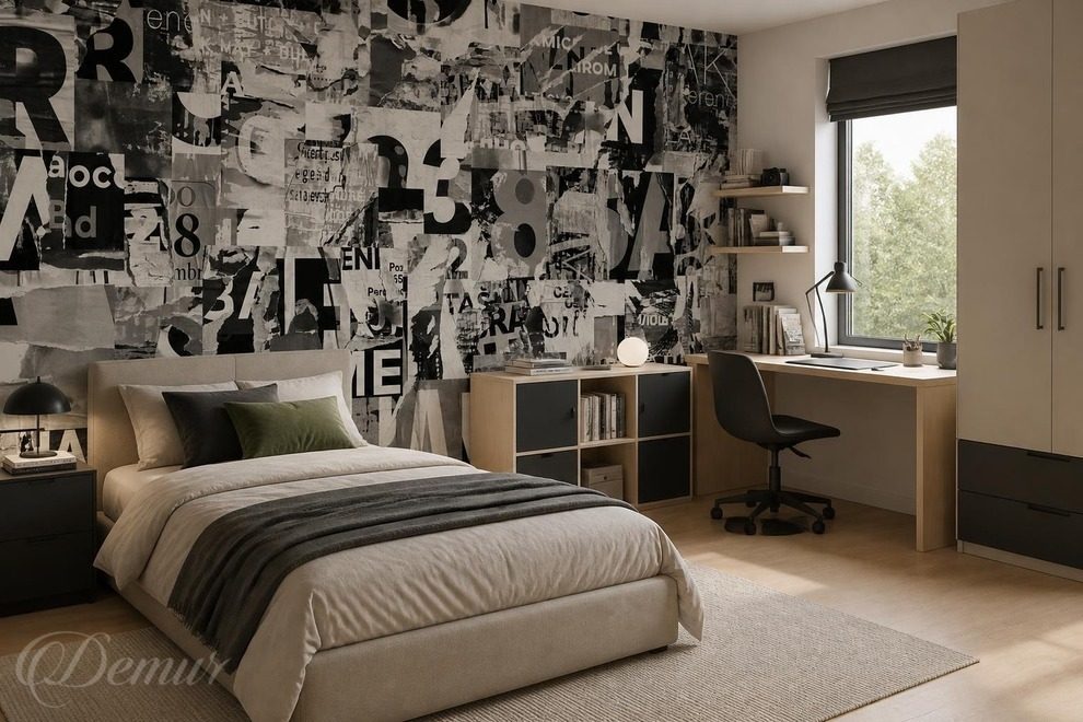 Schwarz-weisse-collage-typografie-fur-teenager-fototapeten-demur