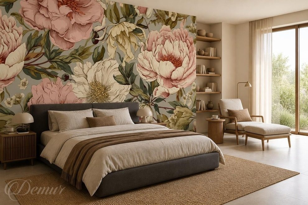 Kontrast-von-rosa-und-grun-in-blumiger-harmonie-fur-schlafzimmer-fototapeten-demur