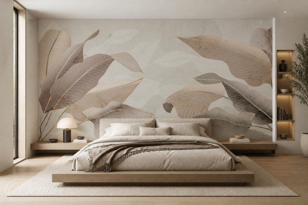 Subtiler-stil-naturlicher-blatter-in-beigetonen-fur-schlafzimmer-fototapeten-demur