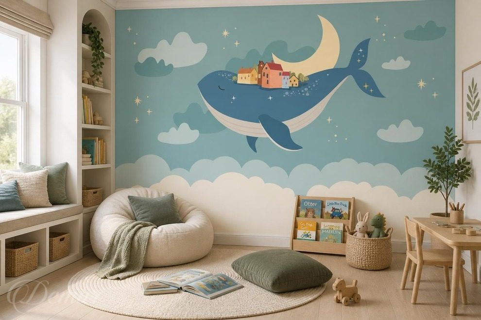 Stilvolle-illustration-eines-wals-mit-mond-und-hauschen-fur-kinder-fototapeten-demur